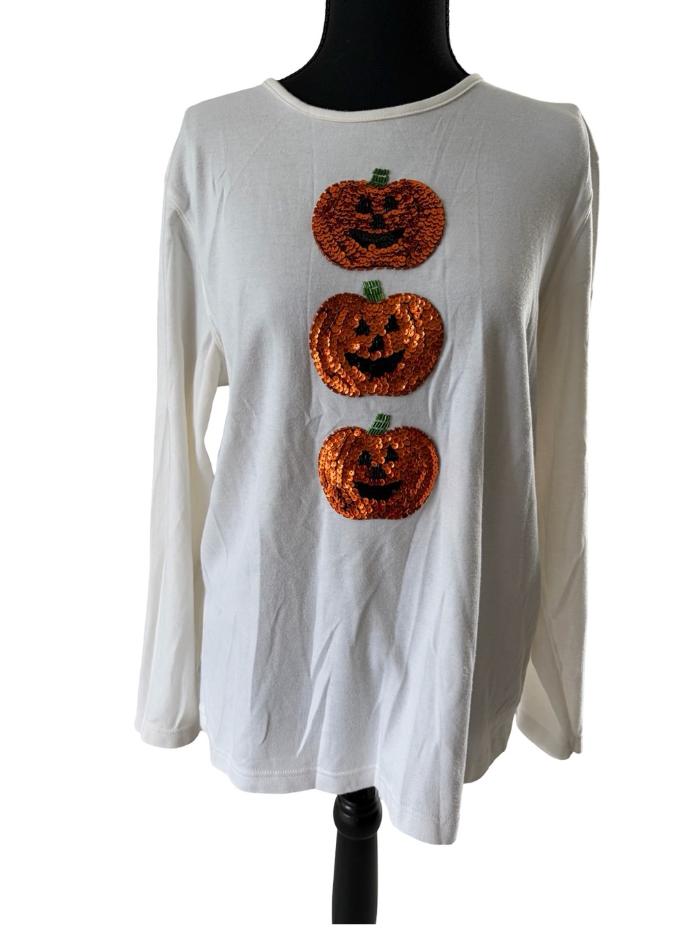 Designers Originals White Long-Sleeve Top with Orange Sequin Pumpkins